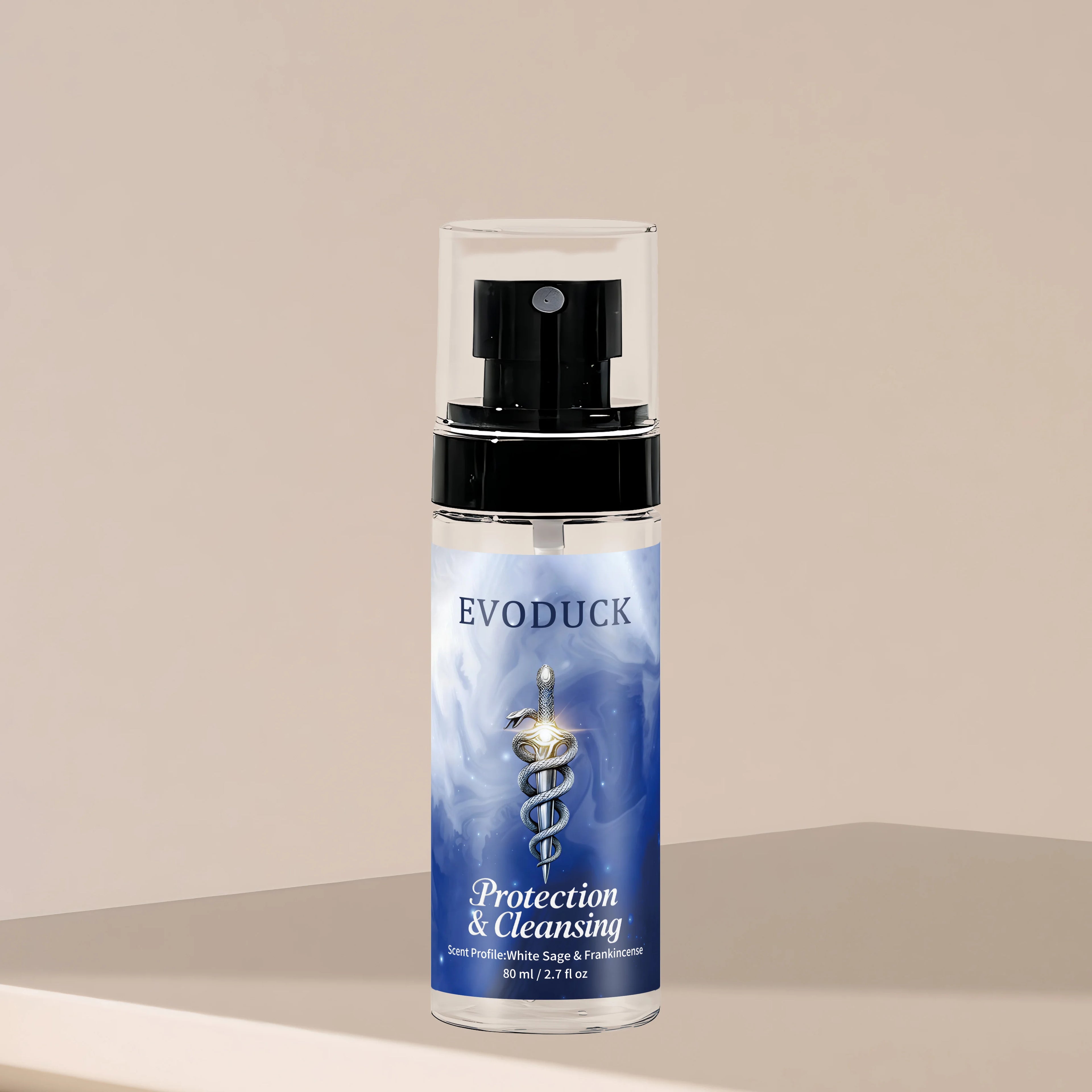 80ml clear pump spray bottle for Protection & Cleansing with a blue label featuring a silver serpent and sword design.