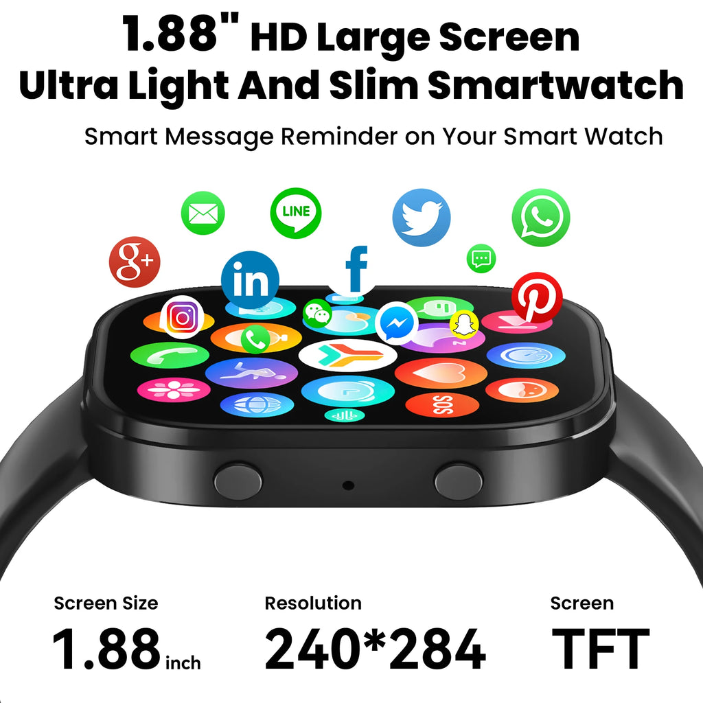 Men Smart Watch 1.88 Inch HD TFT Large Screen Bluetooth Dial Answer Call IP68 Waterproof Fitness Tracker 24H Sleep Health Monitor DIY Custom Watch Faces Multi Sports Modes Ultra Long Standby Smartwatch For Android IOS