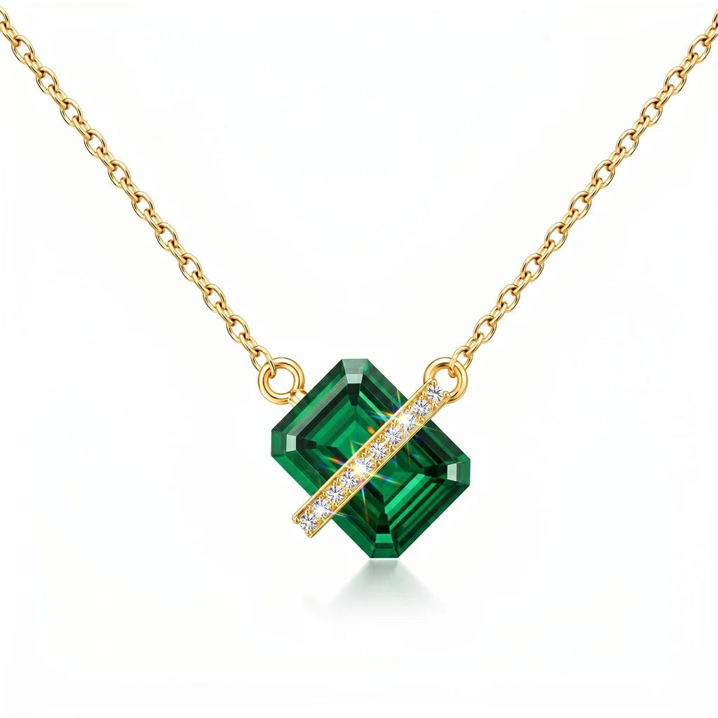 Luxury Gold Necklace with Large Green Gemstone and Sparkling Clear Stones Elegant Women’s Statement Pendant Jewelry