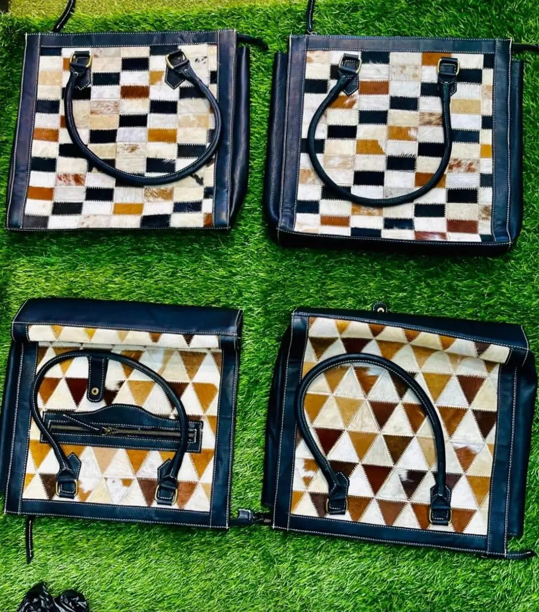 Stylish full-grain leather handbags with geometric patterns, round handles, and zip closures for daily use.