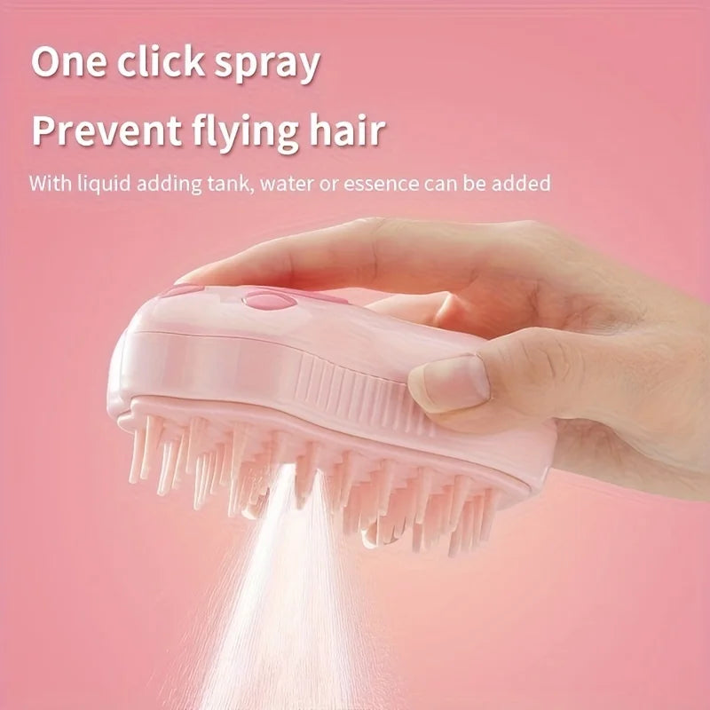 Pink 3-in-1 electric steam pet brush for cats and dogs, features liquid tank for grooming and easy hair removal.