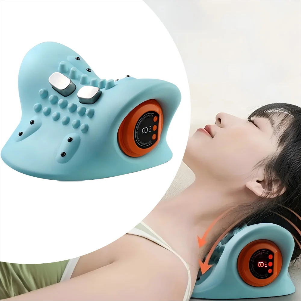Blue contoured cervical traction pillow with metal nodes and a digital orange side display, used under a woman's neck.