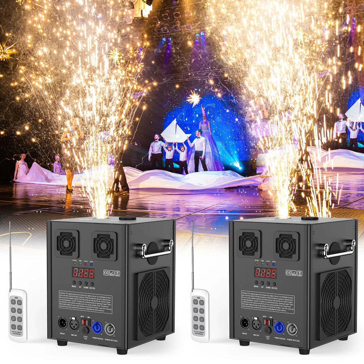Pair of black cold sparks machines with remote control, ready for stage effects