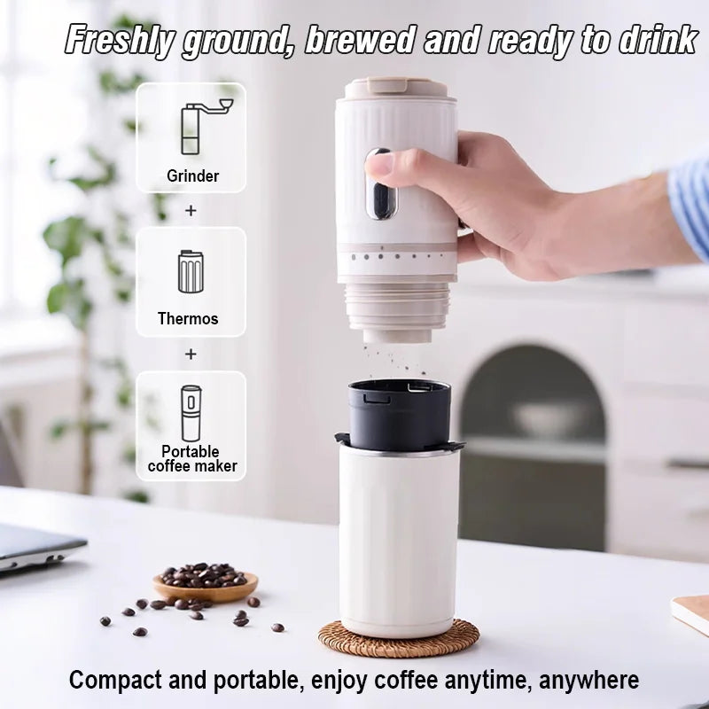 White portable 3-in-1 coffee maker with built-in grinder, thermos, and manual brewing system for coffee on the go.