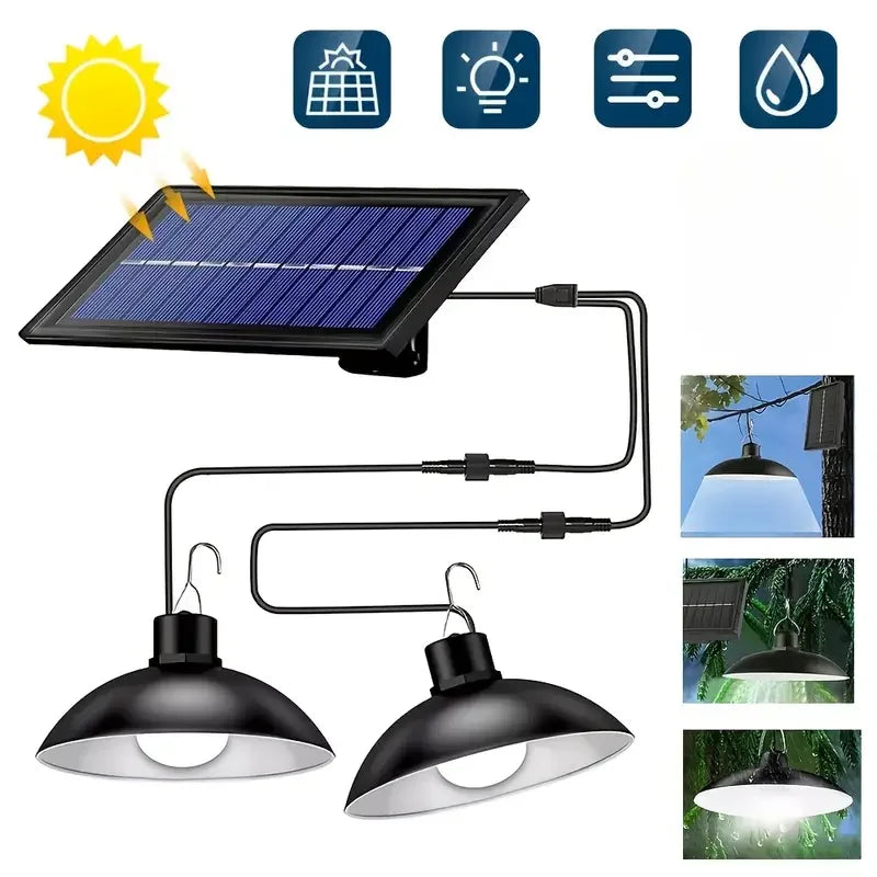 2 Heads LED Solar Powered Pendant Hanging Light Lamp Outdoor Waterproof LED Lamp Double-head Garden Yard Shed Lighting
