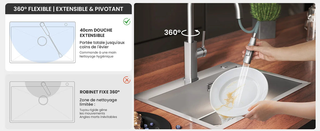 Kitchen Faucet Brushed, Screen Pull-Out Water Tap Kitchen 360 °   Rotatable, 2 Types of Spray Modes Cold Hot Water Stainless Steel 304, G3/8 Dvgw Single Handle Mixer, Sink Faucet Easy Installation