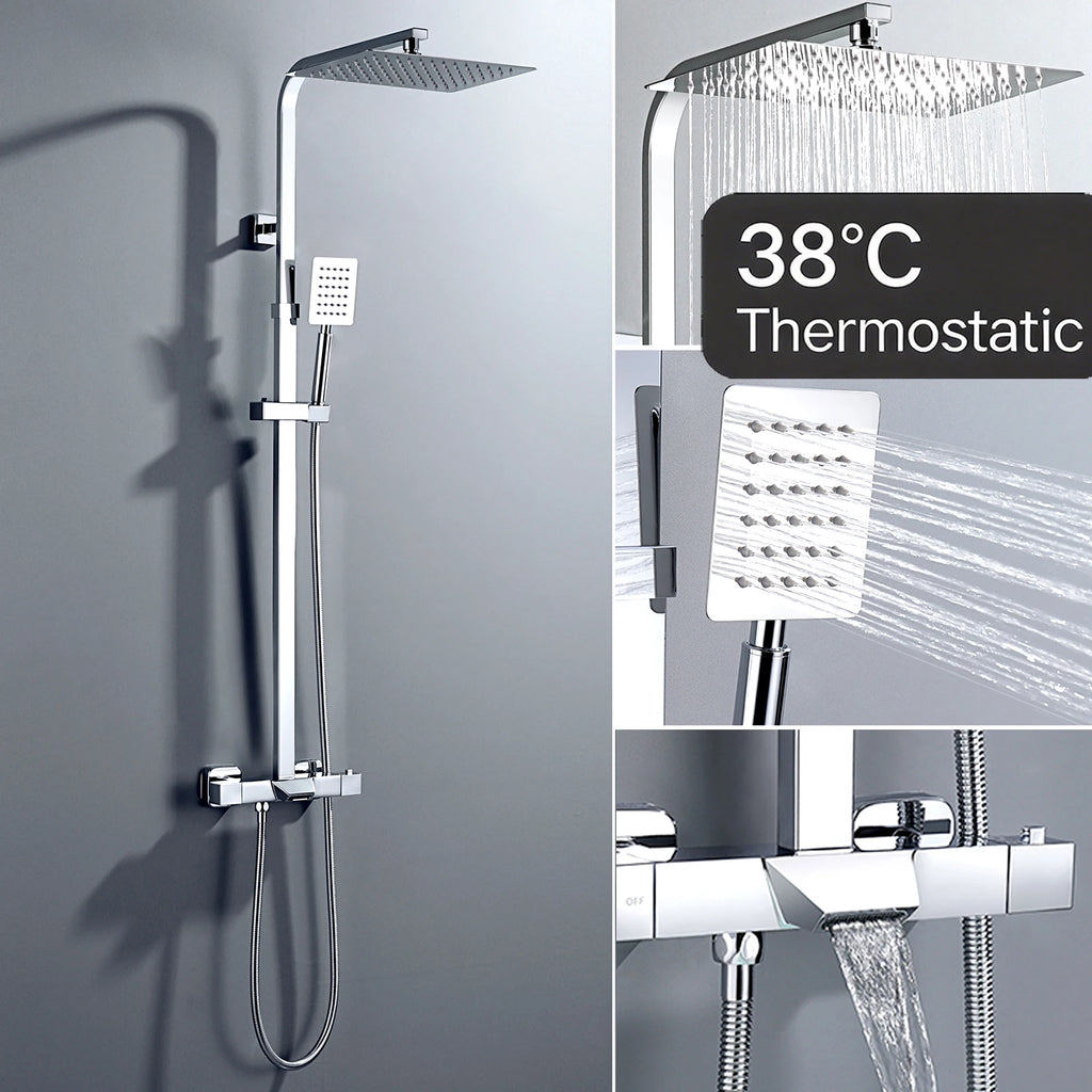 Shower Column with Thermostatic faucet, Wall-mounted Shower System, 30 × 20 cm Rain shower head, suitable for bathtubs