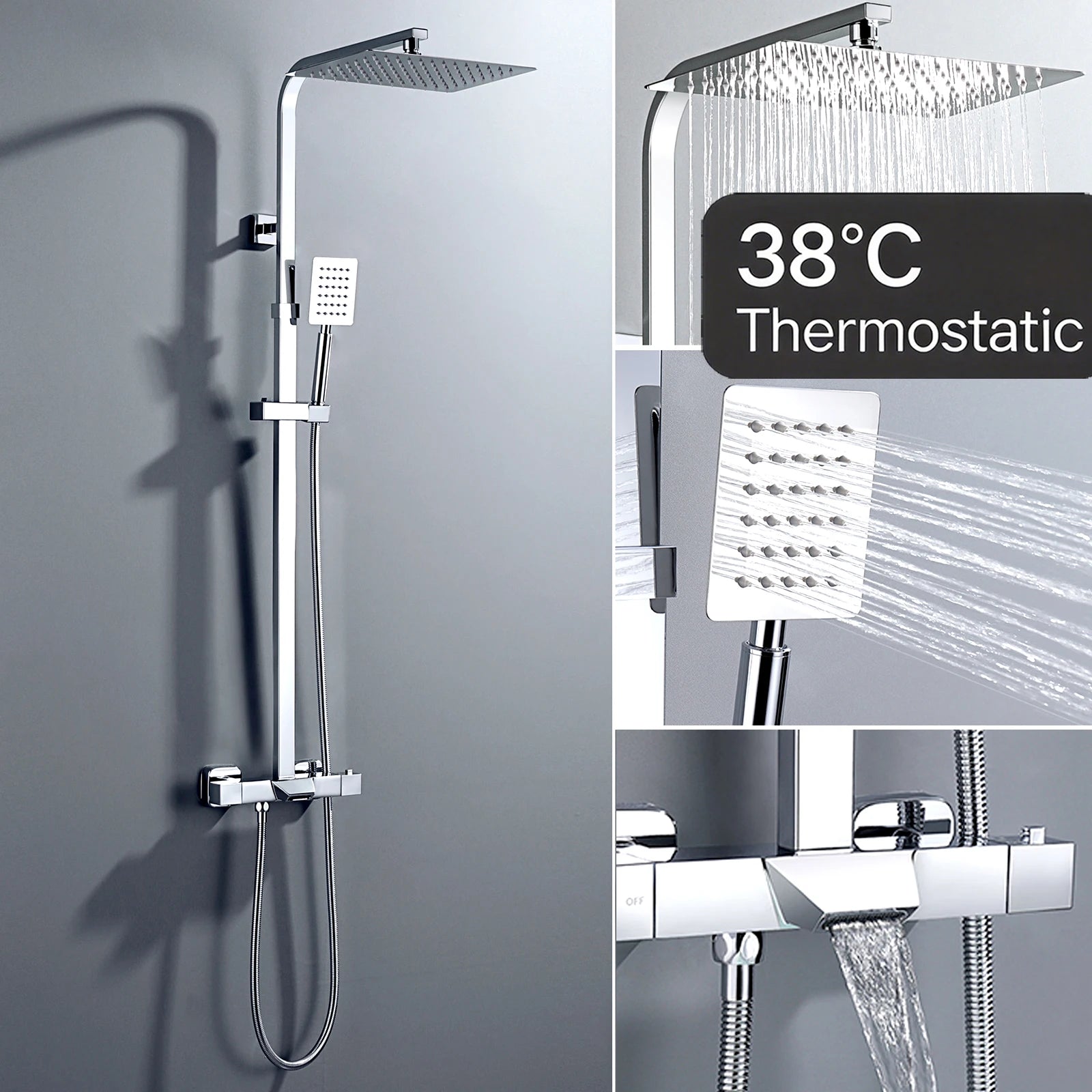 Shower Column with Thermostatic faucet, Wall-mounted Shower System, 30 × 20 cm Rain shower head, suitable for bathtubs