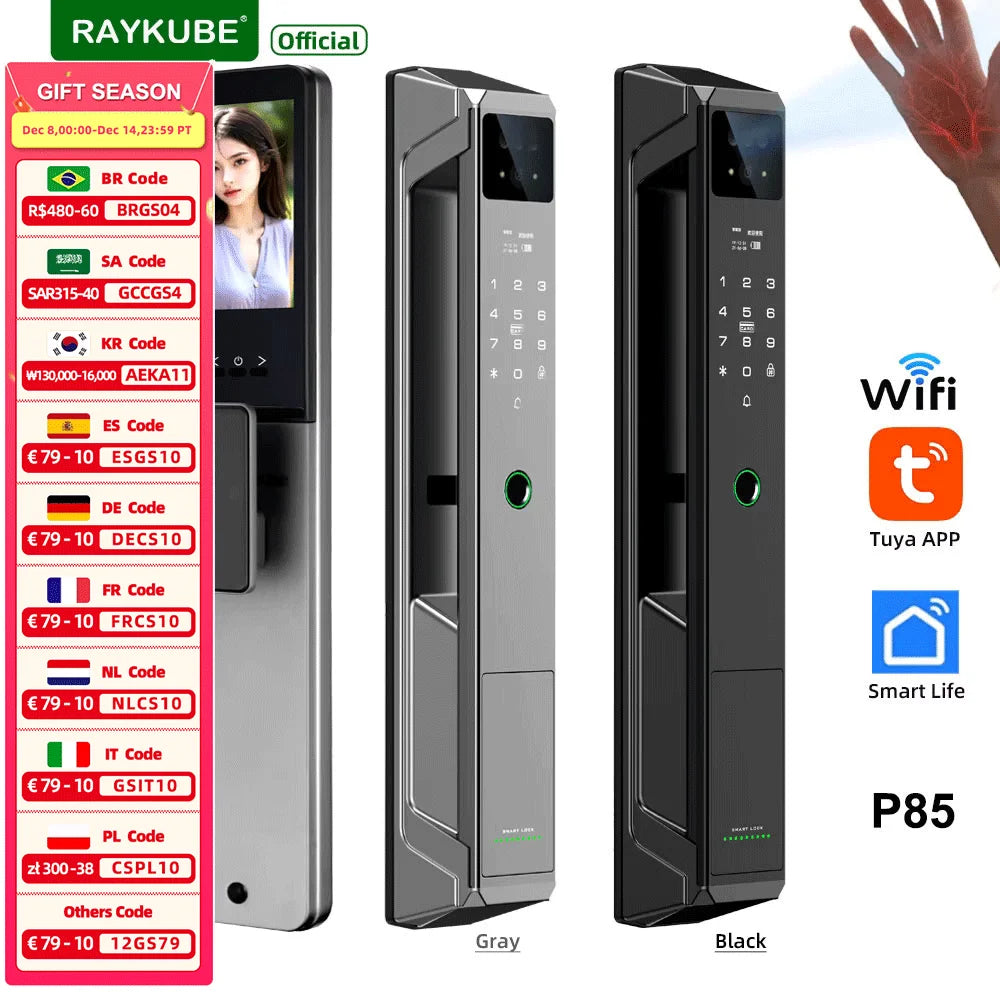 RAYKUBE 21-language Voice Tuya WiFi Camera Palm Vein Smart Fingerprint Lock Face Recognition Digital Lock With Video Call P85
