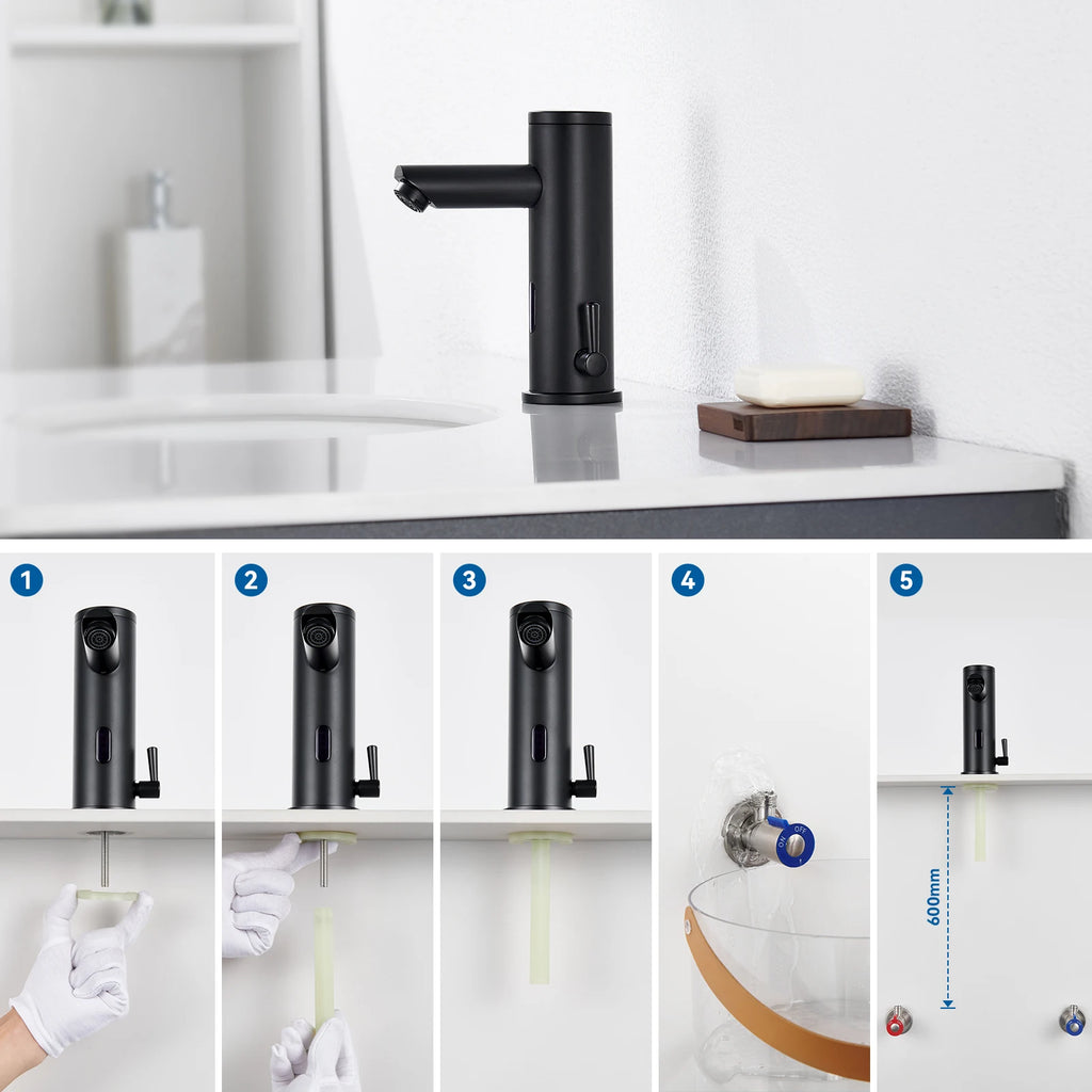 Sensor Basin Faucet Matte Black, Touchless Bathroom Sink Tap, Automatic Infrared Washbasin Mixer, Solid Brass, Battery Operated, with Check Valve, 50cm Hose, Modern Design, G3/8 Standard