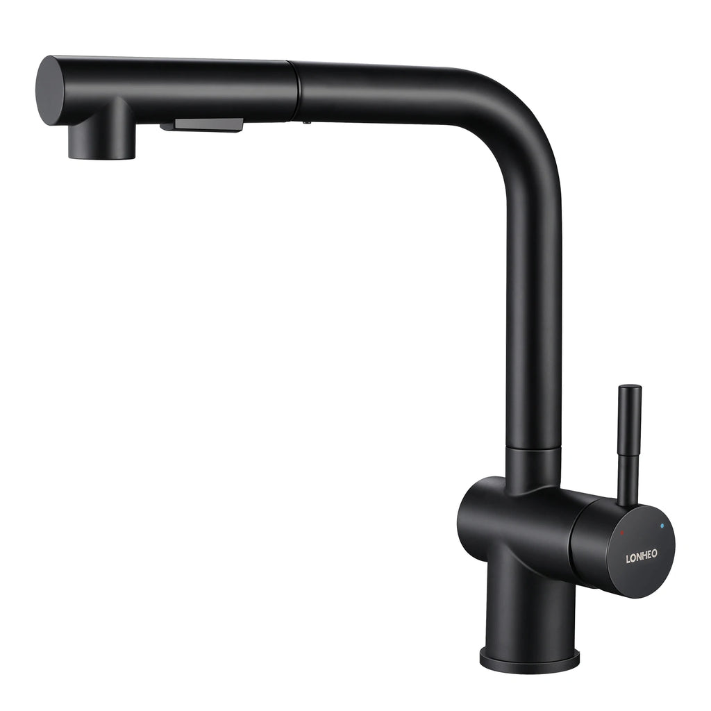 Kitchen Tap Black, L-Shape Pull Down Kitchen Faucet 360 Swivel, 3 Modes Spray Hot Cold Water Mixer, 304 Stainless Steel Sink Mixer, Neoperl PEX Hose, Standard G3/8 Modern Home Laundry Deck Mounted Matte Black Tap
