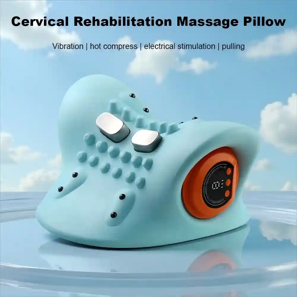 Light blue contoured electric cervical neck massager with two metal contact plates and an orange digital side display.