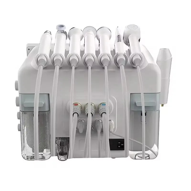 8-in-1 white hydro-facial machine for deep cleansing, water peeling, and ultrasonic face lifting skin spa treatment.