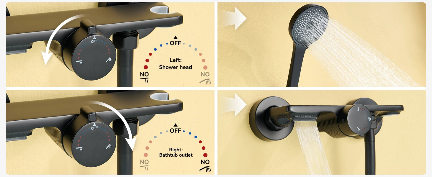 Bathtub Shower Faucet, Wall-mounted Bathtub Mixer Taps with 5-Mode Hand Shower, Hose and Wall Bracket, Black, Brass Body