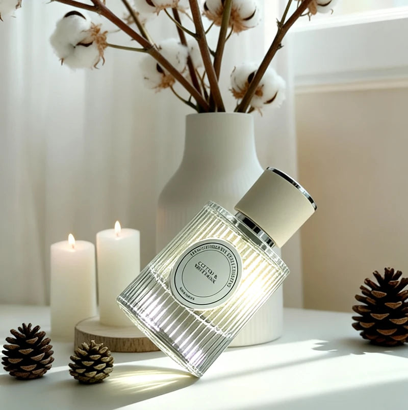 Spring Cotton unisex perfume, soap-scented, long-lasting fresh fragrance in a ribbed glass bottle for daily use.