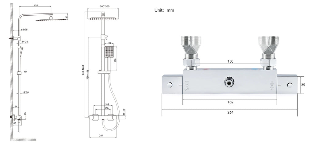 Auralum Thermostatic Shower Column, 38°C Thermostatic Mixer, Stainless Steel Shower System, Brass Faucet,12 inch, Chrome