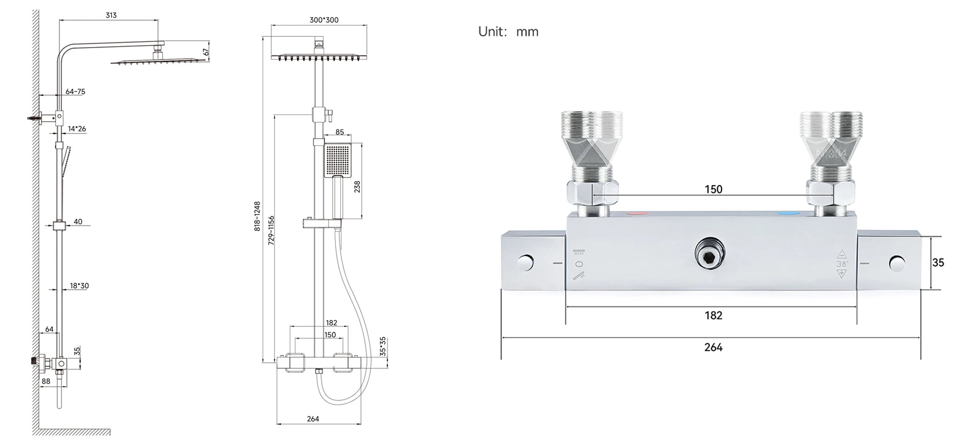Auralum Thermostatic Shower Column, 38°C Thermostatic Mixer, Stainless Steel Shower System, Brass Faucet,12 inch, Chrome