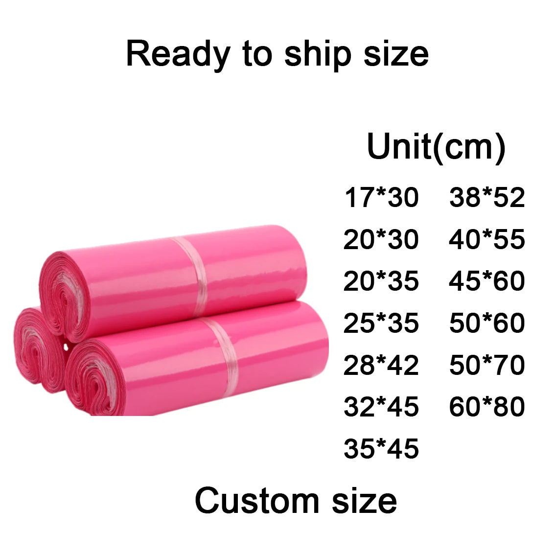 Pink poly mailer roll size chart with unit(cm) and ready to ship dimensions