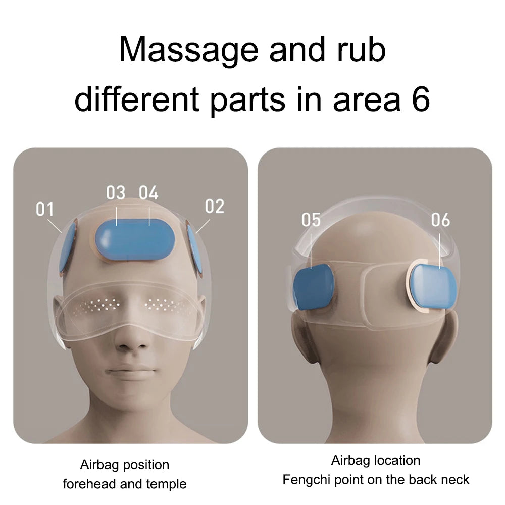 Electric head and eye massager featuring 6 airbag compression points for scalp, temple, and back neck stress relief.