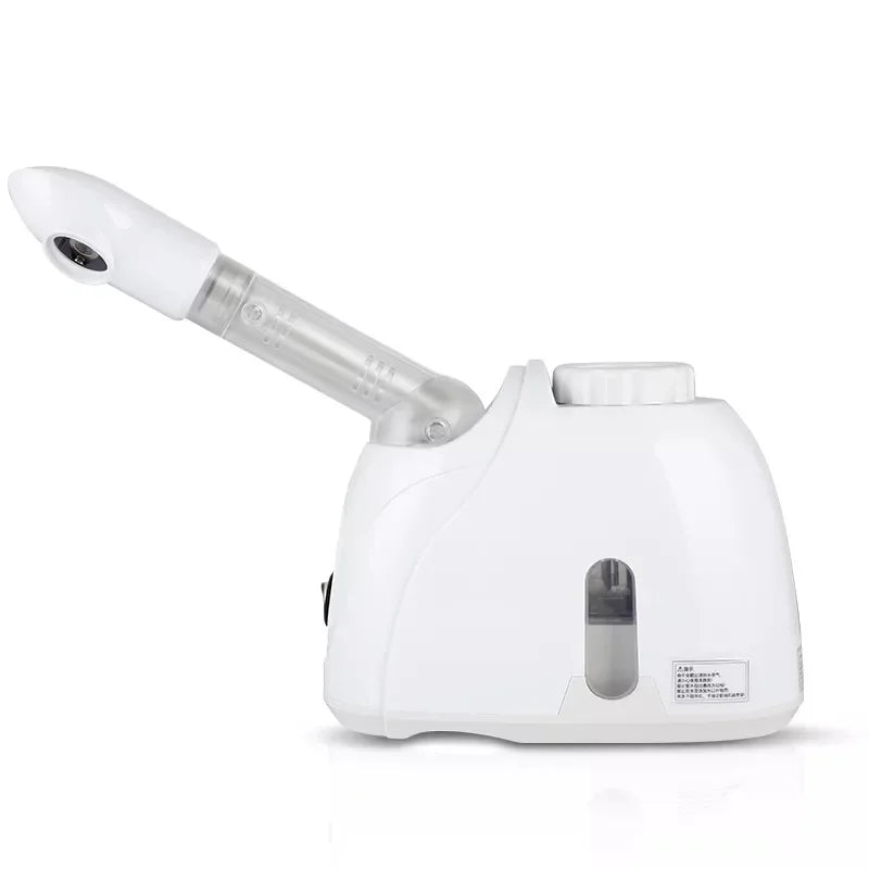 White ozone facial steamer with adjustable mist nozzle for home spa, deep pore cleaning, and skincare treatment.