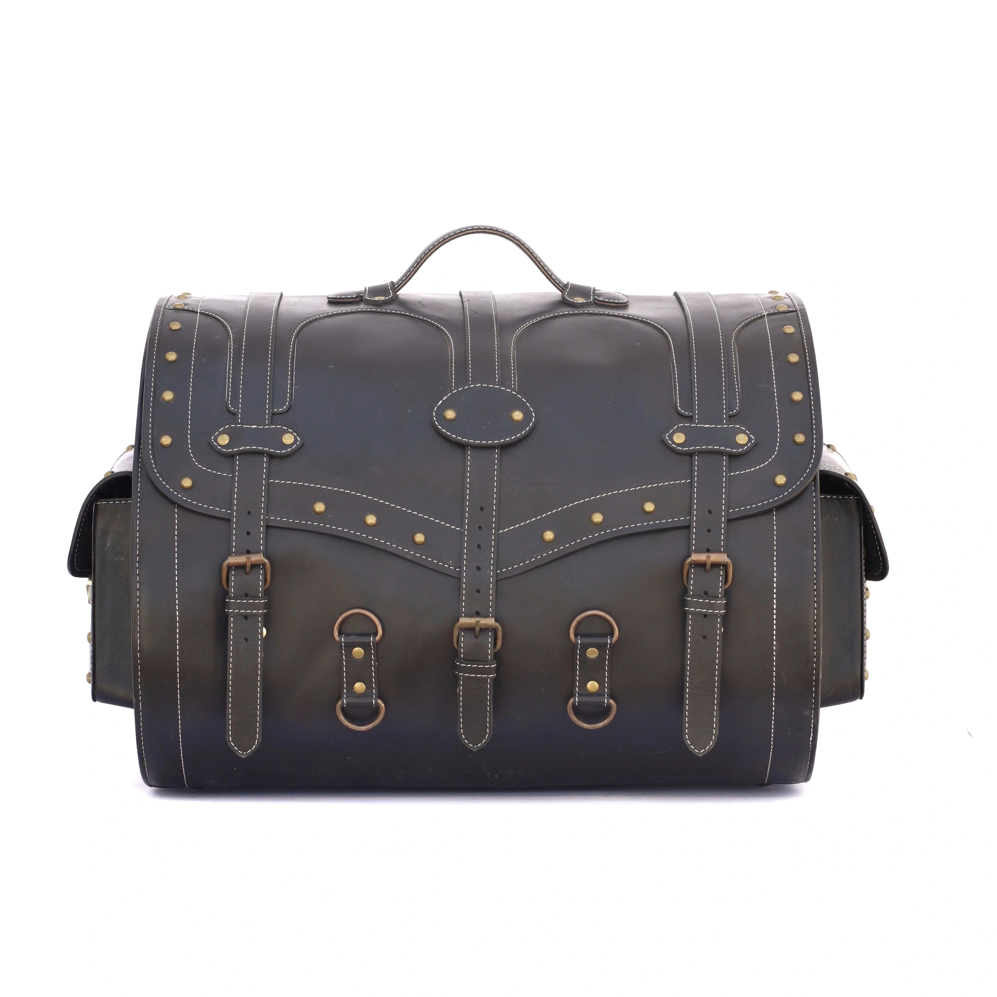 Large black leather trunk with vintage brass studs, buckle straps, and side pockets for travel and fitness luggage.