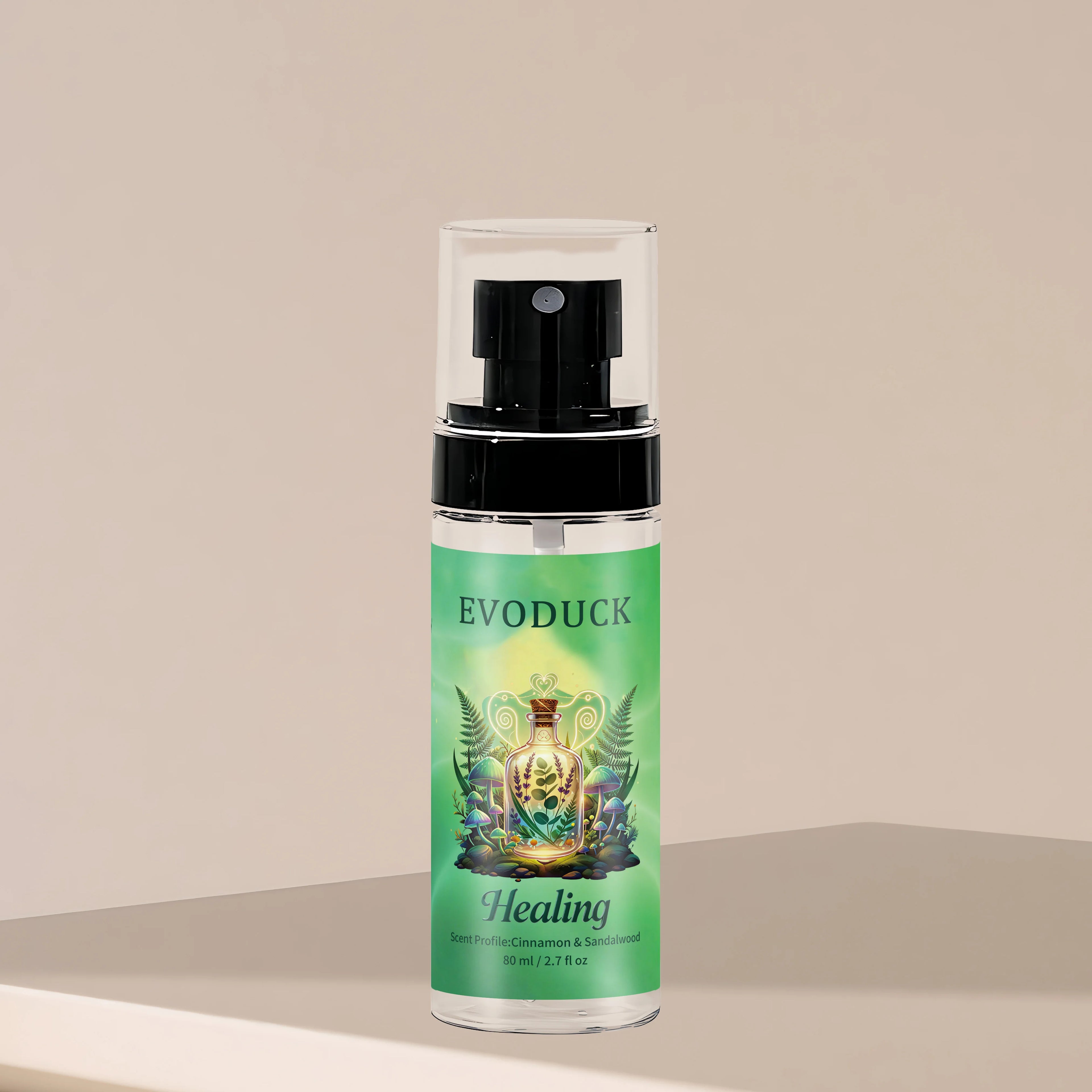 Evoduck Healing 2.7oz body mist spray for women, cinnamon & sandalwood scent, travel-size cylindrical fragrance bottle.