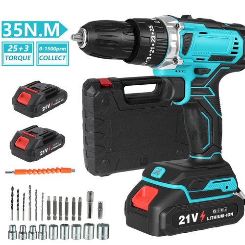 21V cordless drill driver with keyless chuck, teal/black body and accessory set in case