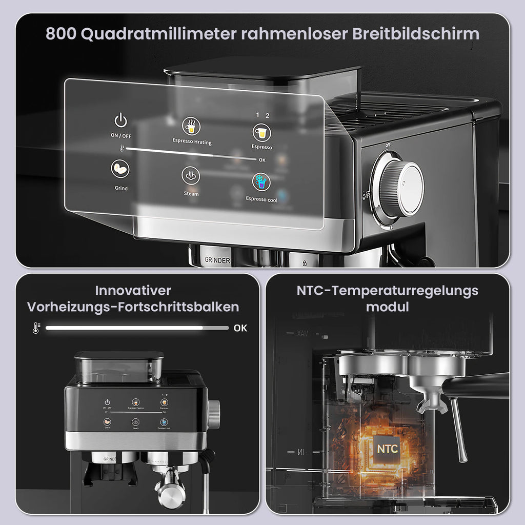 Black espresso coffee machine with digital touchscreen, built-in grinder, and precision NTC temperature control module.