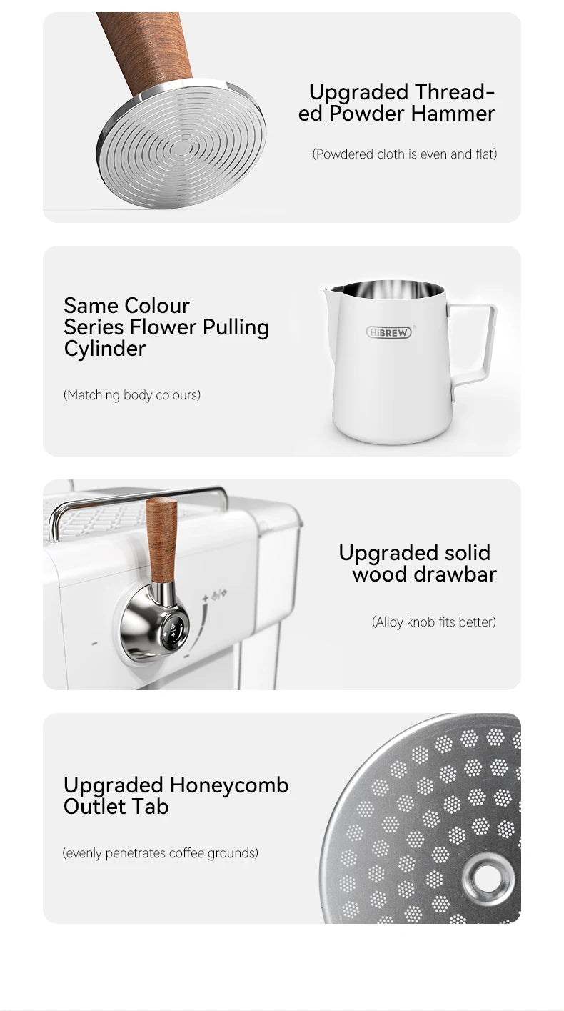 HiBREW espresso machine components: white milk frothing pitcher, wooden handle drawbar, and metal coffee tamper.