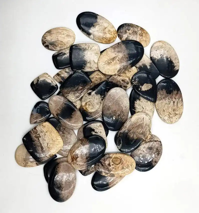 Oval cabochon gemstone mix, dark black-blue and beige marbled teardrop stones