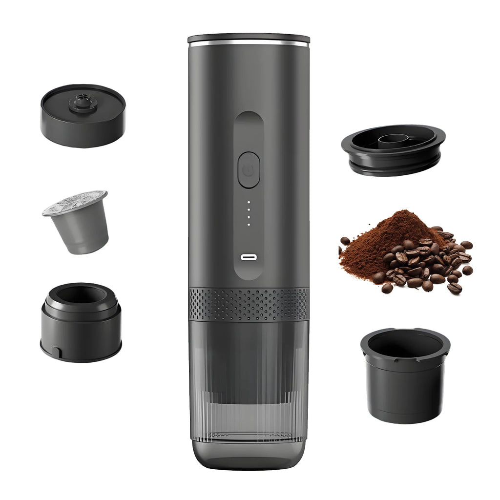 Matte black portable electric espresso maker with capsule and ground coffee attachments, USB charging, isolated white.