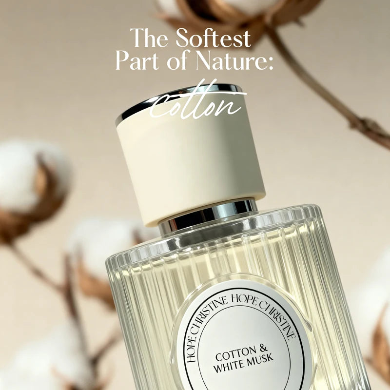 Hope Christine Cotton & White Musk unisex perfume. Long-lasting fresh soap scent in a ribbed glass bottle. Daily use.