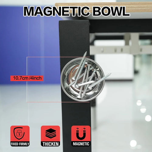 Magnetic bowl with screws and black magnetic base, for holding metal fasteners
