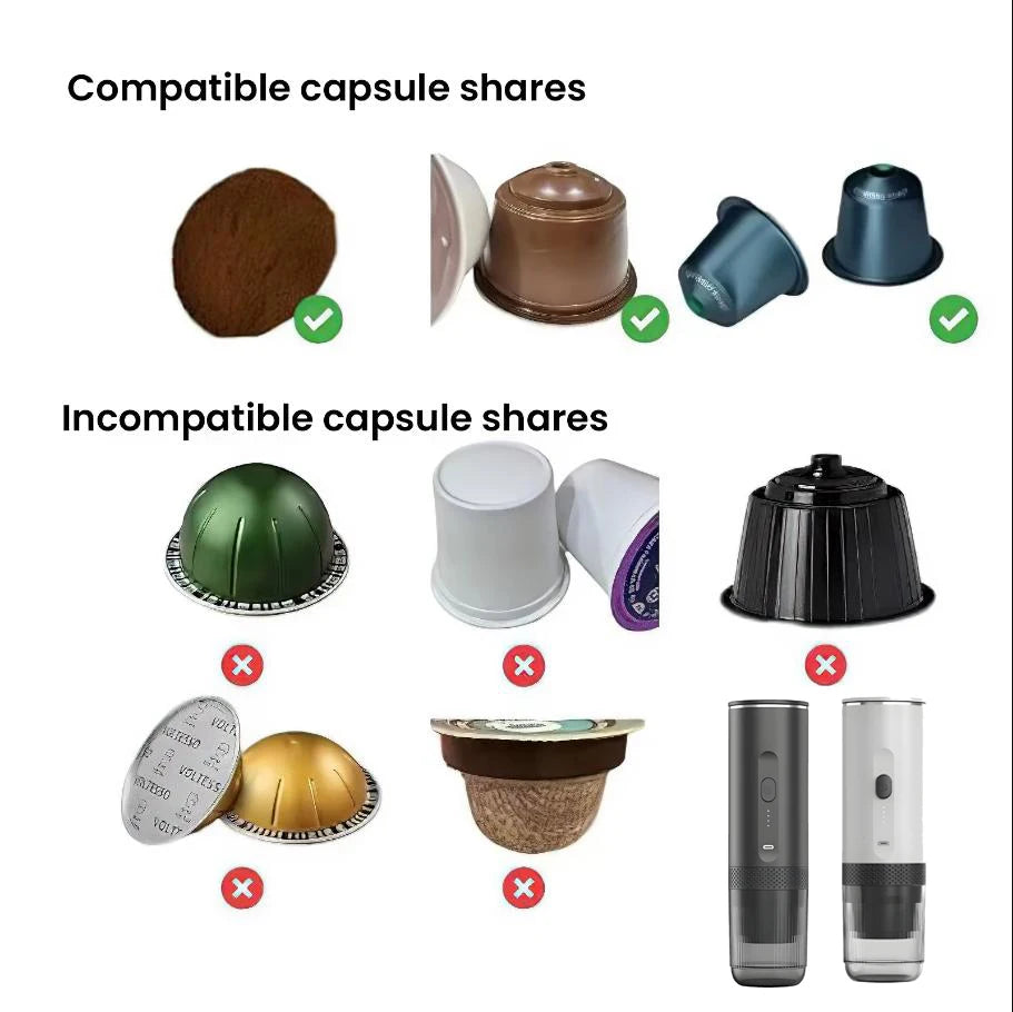 Coffee maker compatibility chart showing compatible and incompatible capsule types for portable espresso machines.