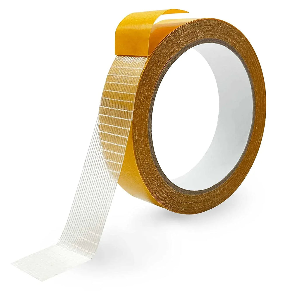 Yellow double-sided carpet tape roll with long white backing strip