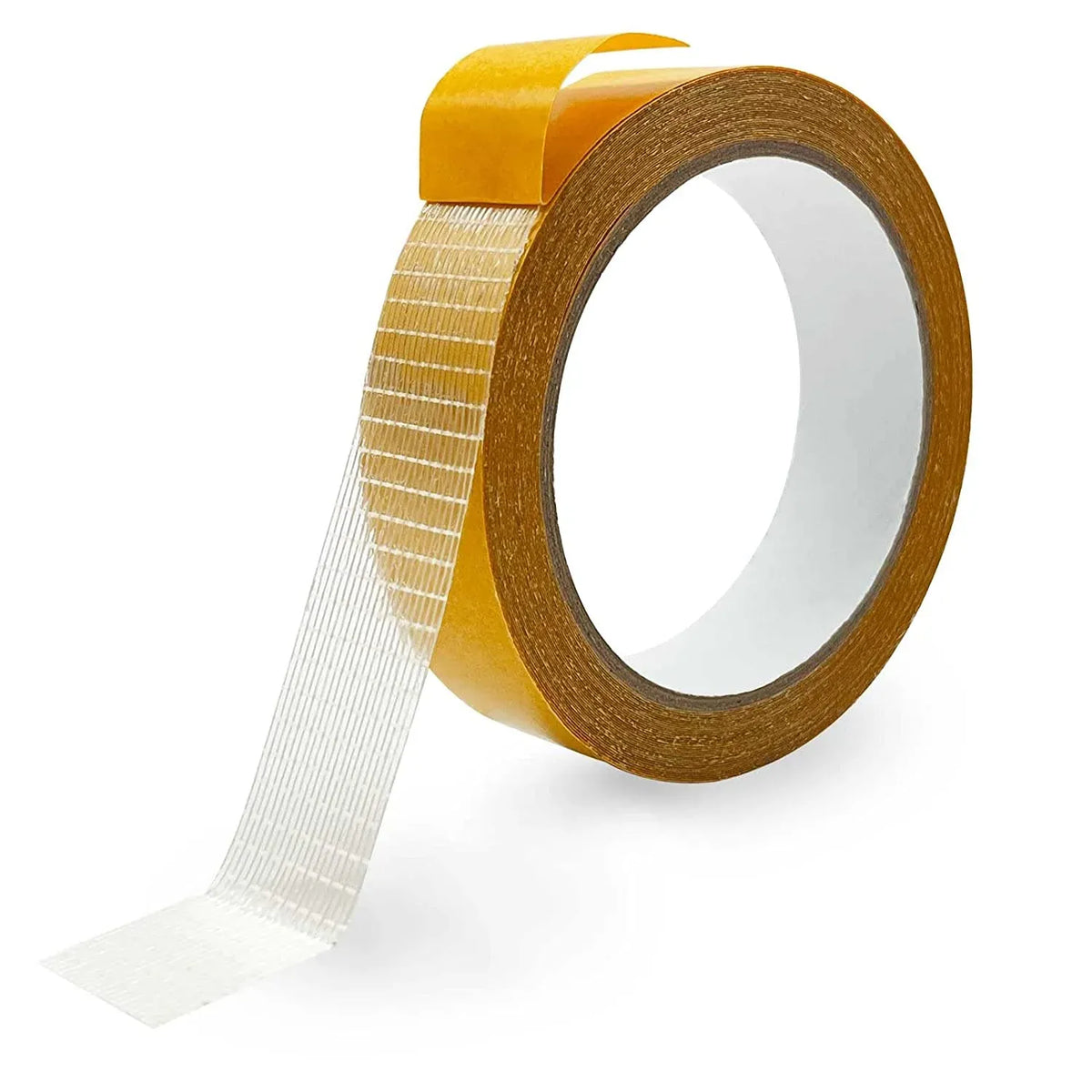 Yellow double-sided carpet tape roll with long white backing strip