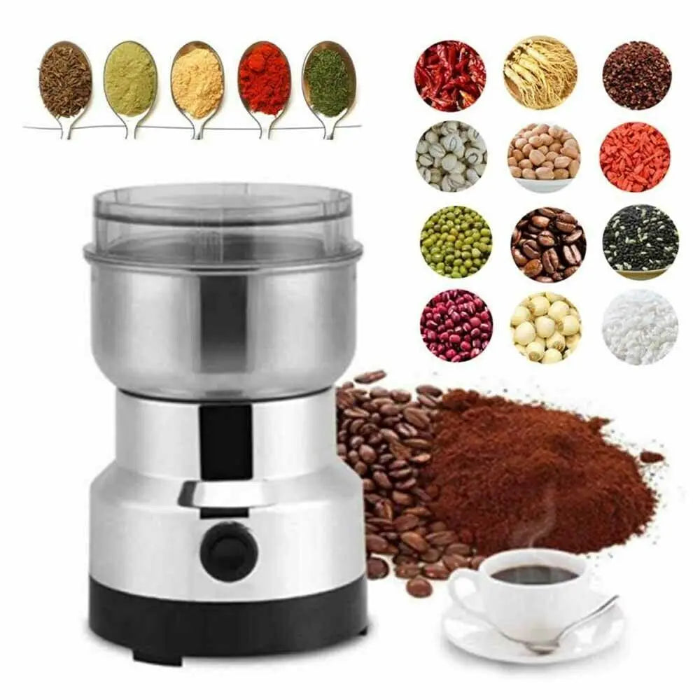 Stainless steel electric coffee bean and spice grinder with clear lid for dry herbs, seeds, and nuts.