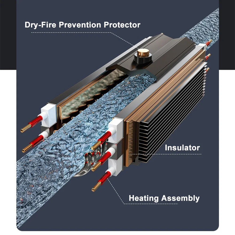 A technical diagram of a foot spa's internal heater component, labeling the insulator, heating assembly, and protector.
