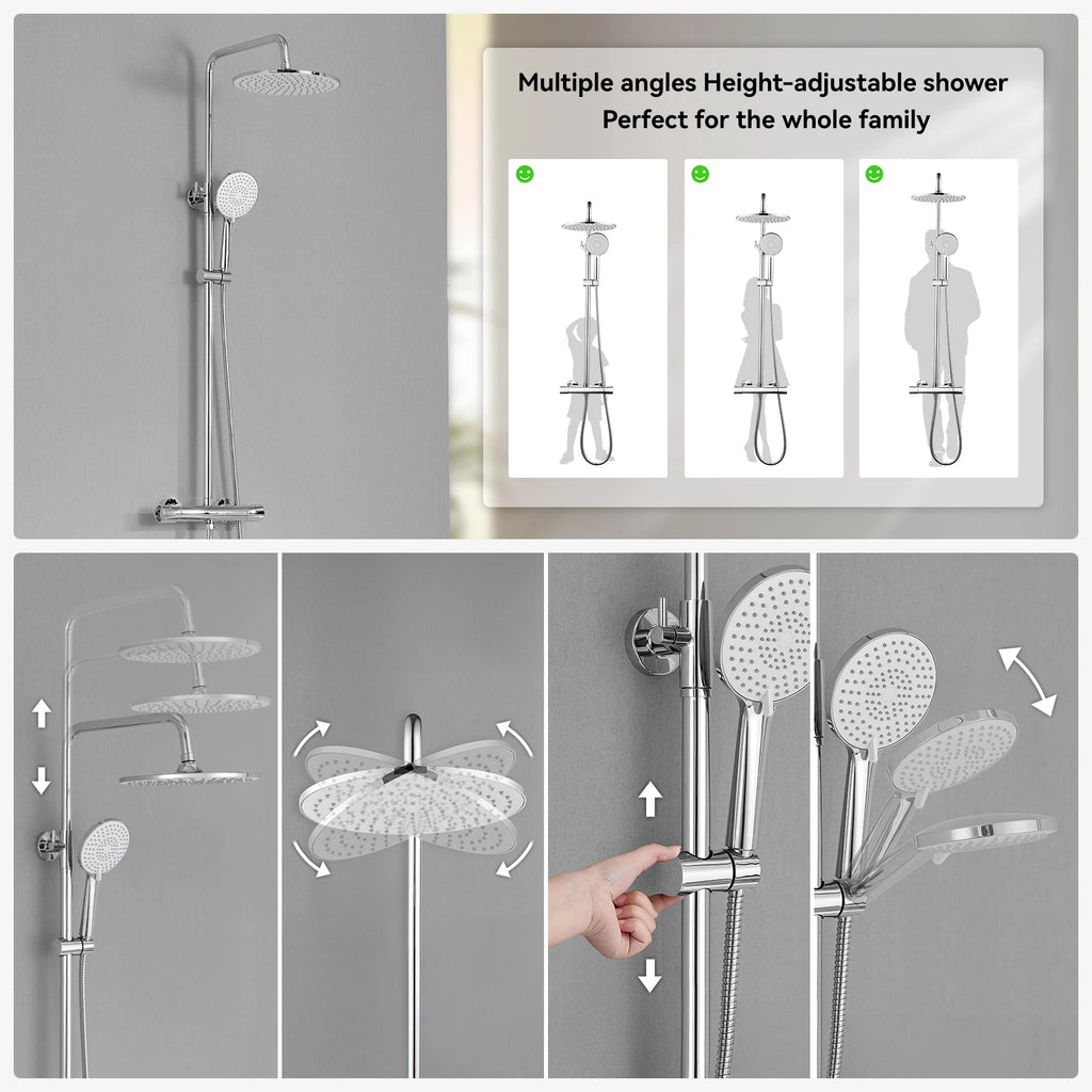 Auralum Shower Column With Thermostatic Tap, 38°C Brass Mixer, Shower Head 25 × 25 Cm, Height Adjustable 102-125cC, Chrome