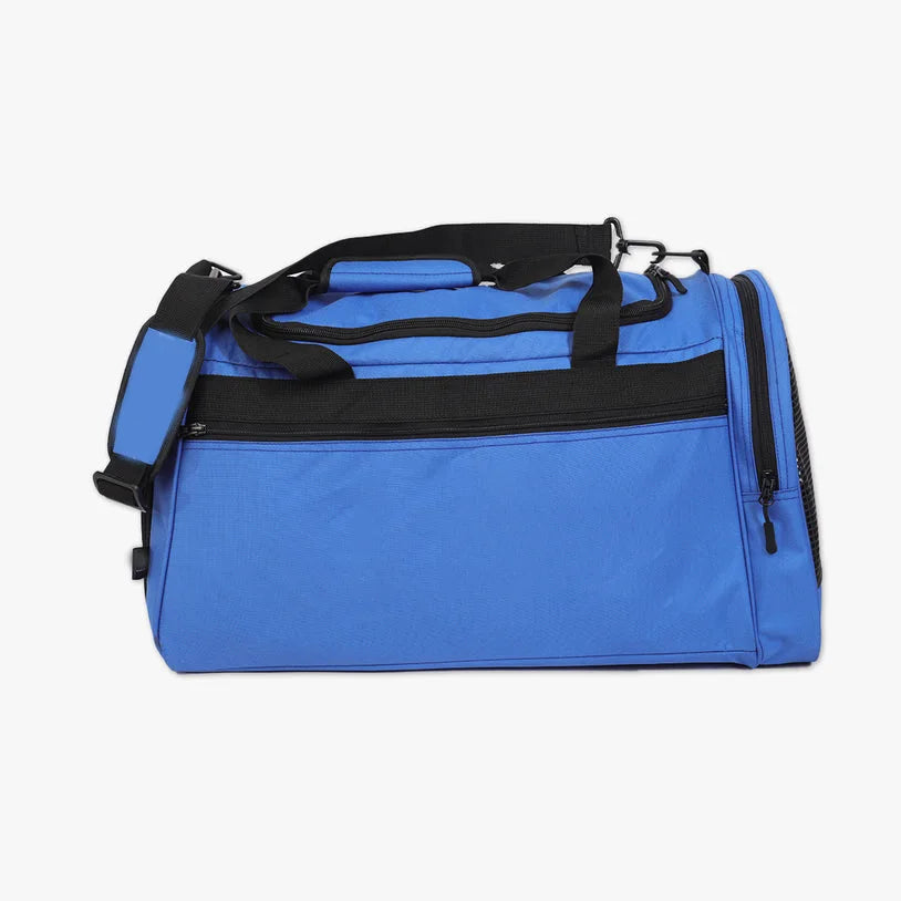 Blue nylon large-capacity gym bag with black straps, side pockets, and adjustable shoulder strap for travel.