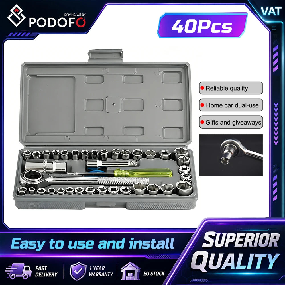 Podofo Socket Set with Ratcheting Wrenches 40 PCS Easy Using High Quality 1/4 Inch 3/8 Drive Carbon Steel Hardened Tempered Socket Mechanics Tool Kits Automotive Mechanical Tools Kit Tooling Kits For Car Maintenance