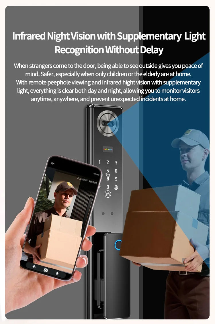 Tuya App Face Recognition Smart Door Lock with WiFi, Camera, and Voice Intercom