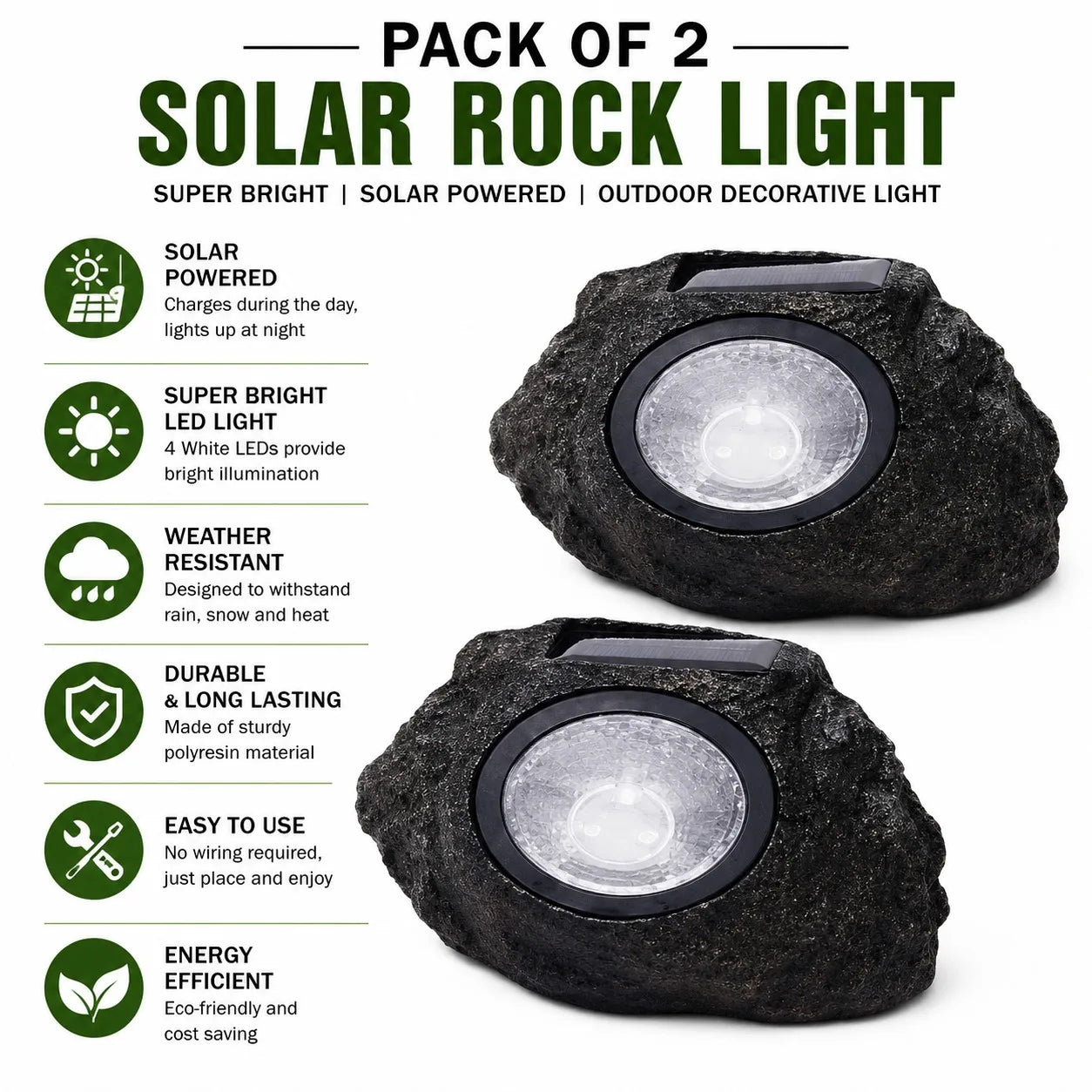 2 Pack Solar Rock Lights Outdoor Garden Landscape Stone Lights Bright White LED Solar Powered Decor