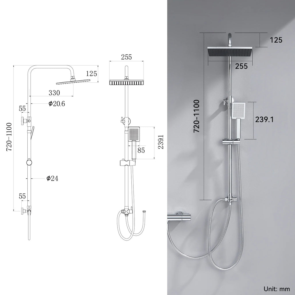 Shower column without mixer tap, chrome finish, 25cm overhead shower, easy installation, adjustable shower bar, 72-110cm