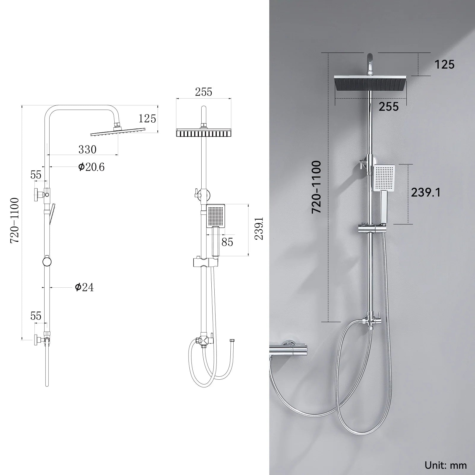 Shower column without mixer tap, chrome finish, 25cm overhead shower, easy installation, adjustable shower bar, 72-110cm