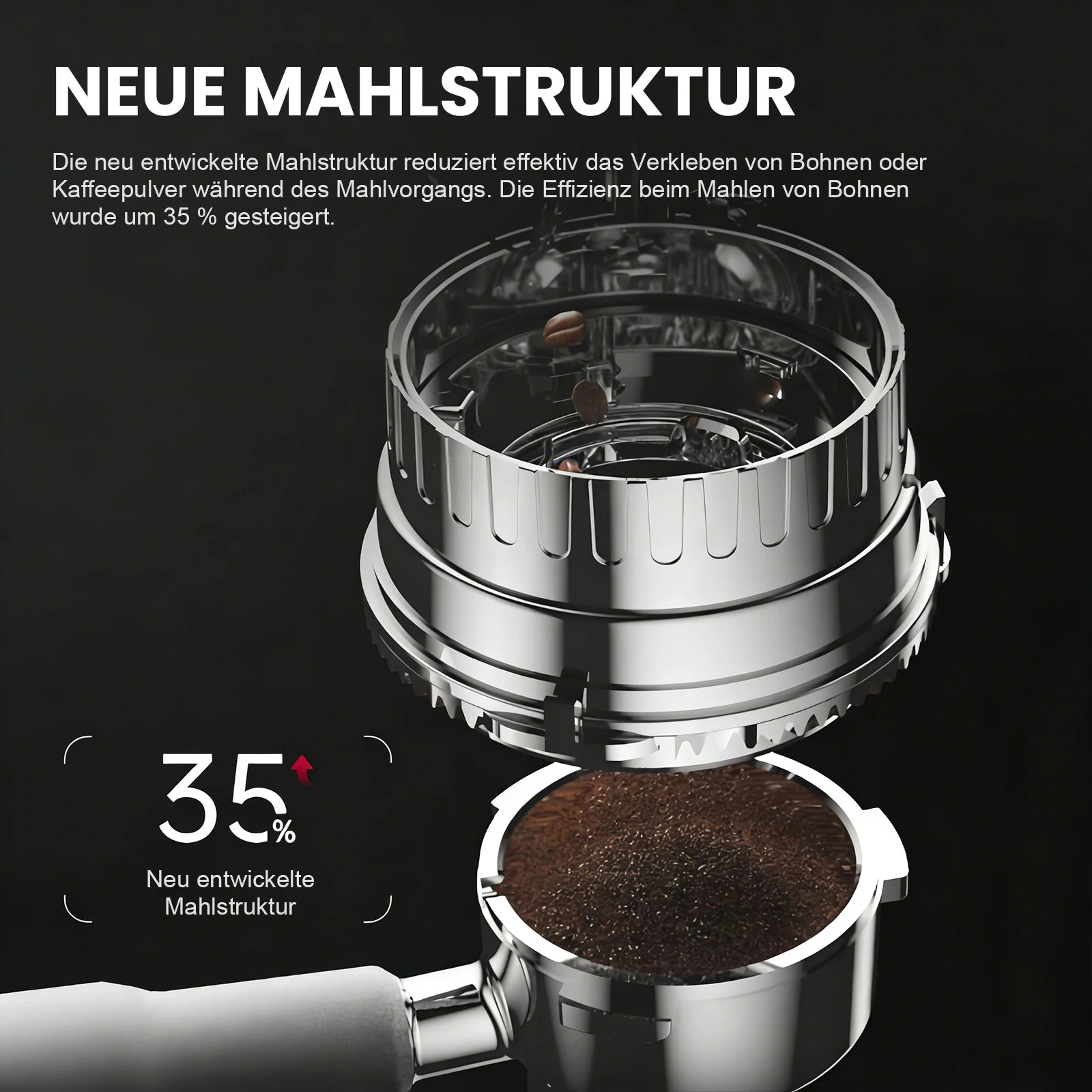 Stainless steel coffee grinder burr and portafilter with coffee grounds for improved 35% grinding efficiency.