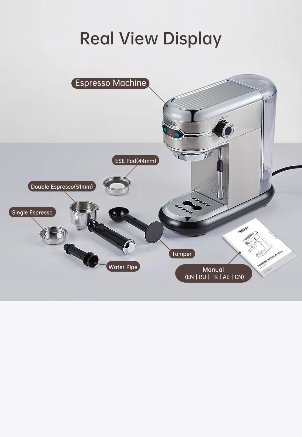 HiBREW stainless steel espresso machine with portafilter, 51mm double basket, tamper, and ESE pod adapter accessories.