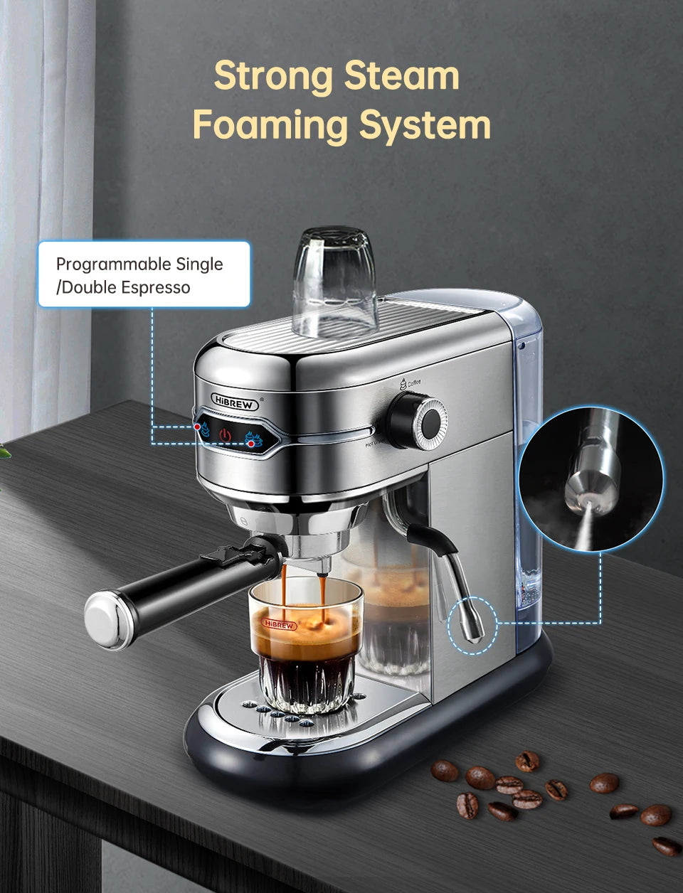 HiBrew silver stainless steel espresso machine with steam wand, programmable buttons, and clear glass cup.
