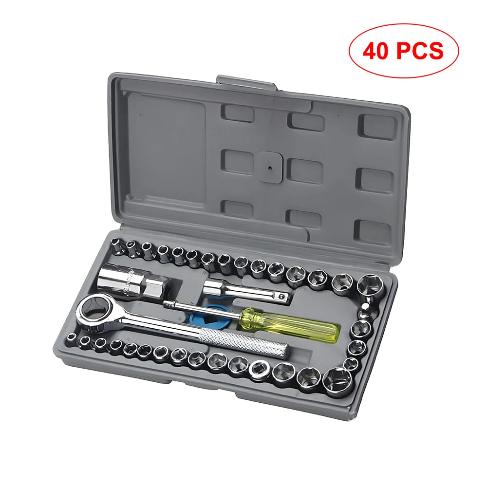 Podofo Socket Set with Ratcheting Wrenches 40 PCS Easy Using High Quality 1/4 Inch 3/8 Drive Carbon Steel Hardened Tempered Socket Mechanics Tool Kits Automotive Mechanical Tools Kit Tooling Kits For Car Maintenance