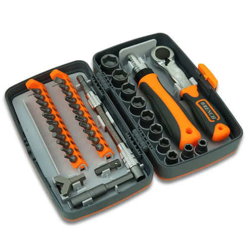 Socket and bit tool set in gray tray with orange-handled drivers and ratchet